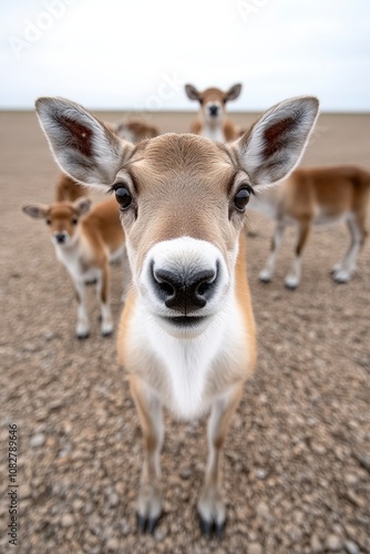 A close-up of a young deer with a curious expression, looking directly at the camera, with other deer in the background.