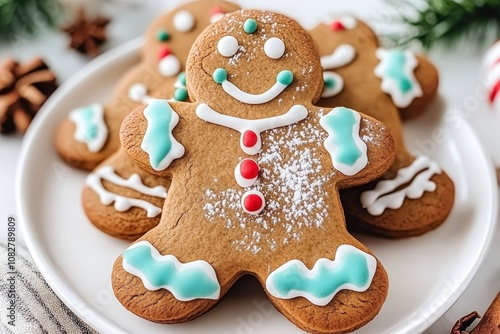 A close-up of three gingerbread men cookies, decorated with icing and sprinkles, on a white plate.