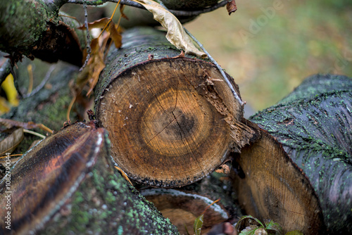 Obraz na płótnie Chopped cherry tree logs stacked up for drying w salonie