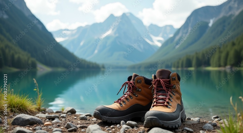 Obraz premium Adventurous Hiking Boots by a Serene Mountain Lake