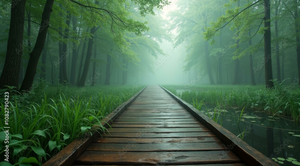 Obraz premium Misty Woodland Pathway Leading Through a Lush Forest