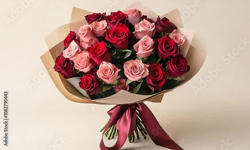 A bouquet of roses in various colors, including red, pink, and white. The arrangement is elegant and sophisticated, with the pink roses being the most prominent. The bouquet is wrapped in brown paper