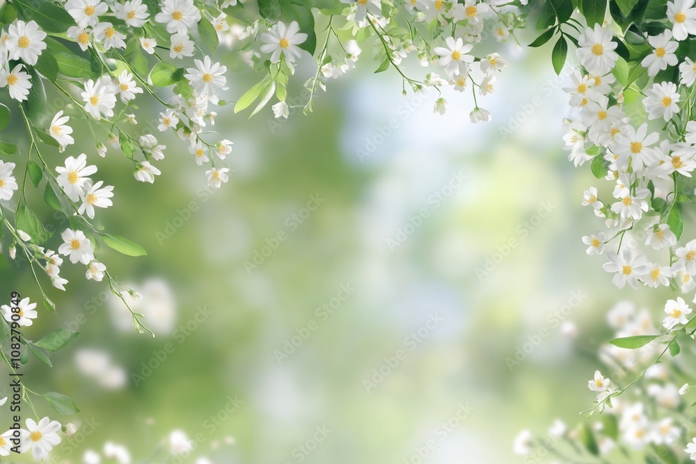 A serene background of white flowers and green foliage. A serene background of white flowers and green foliage.