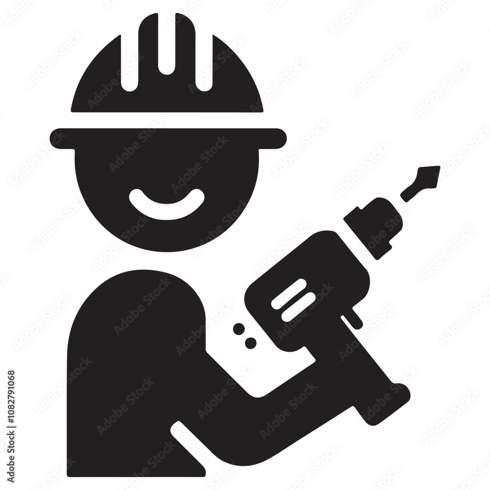 Happy Construction Worker with Drill Icon Happy Construction Worker with Drill Icon