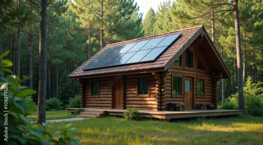 Cozy Sustainable Log Cabin Surrounded by Lush Forest with Solar Panels Cozy Sustainable Log Cabin Surrounded by Lush Forest with Solar Panels