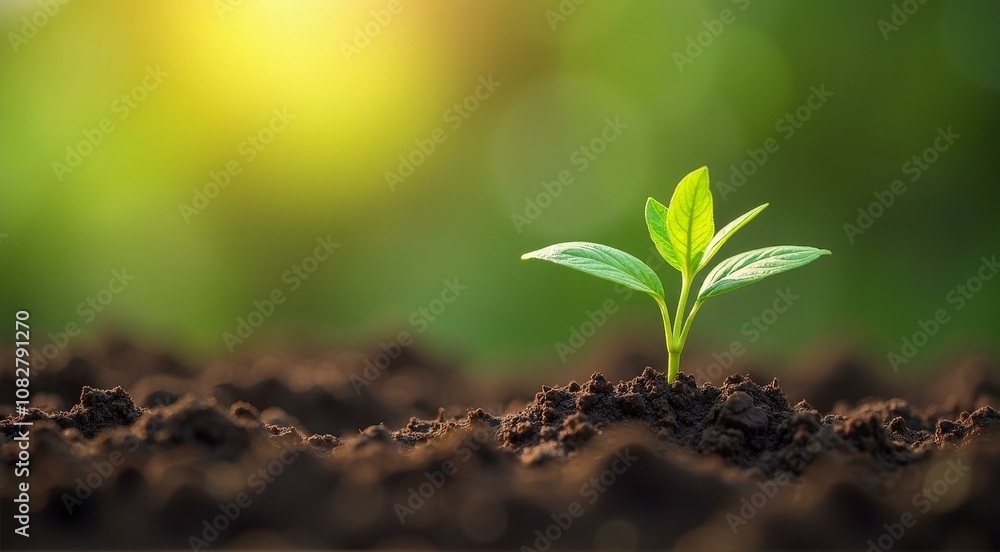 Fresh Green Seedling Emerging from Rich Soil in Warm Sunlight Fresh Green Seedling Emerging from Rich Soil in Warm Sunlight