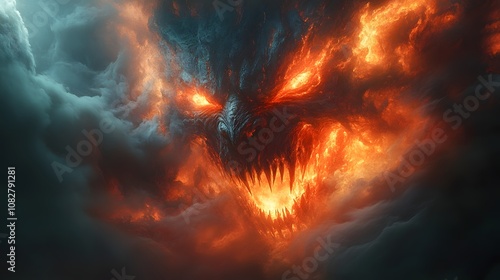 Monstrous Face Surrounded by Fiery Clouds with Burning Red Eyes and Sharp Teeth Emitting a Fiery Glow in a Dark and Ominous Atmosphere