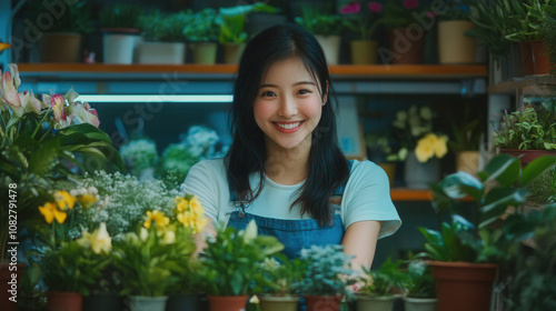 Portrait of a smiling young woman, a florist in her plant shop, surrounded by various plants and flower pots on shelves.  photo