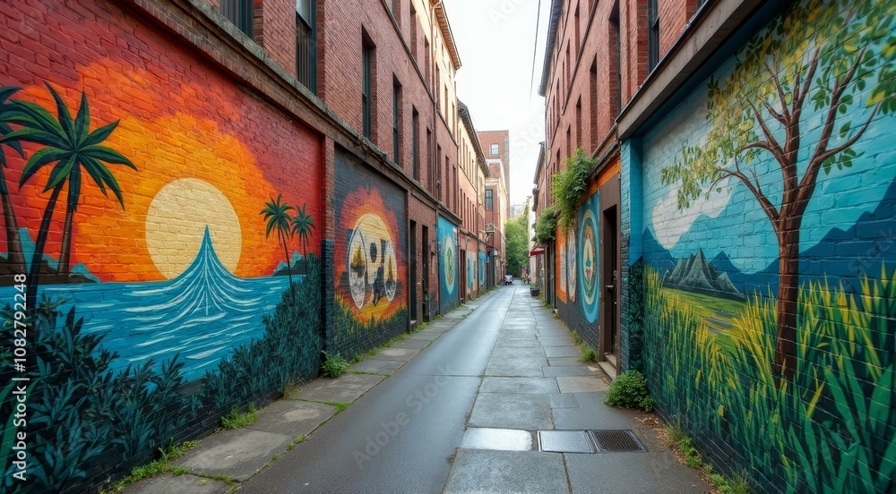 Fototapeta premium Stunning Mural Art Creating a Lively Atmosphere in an Urban Lane