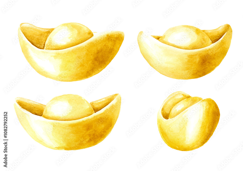 Chinese New Year gold ingots Yuan Bao Set. Symbol of wealth, abundance and monetary luck in Feng Shui. Watercolor hand drawn illustration, isolated on white background Chinese New Year gold ingots Yuan Bao Set. Symbol of wealth, abundance and monetary luck in Feng Shui. Watercolor hand drawn illustration, isolated on white background