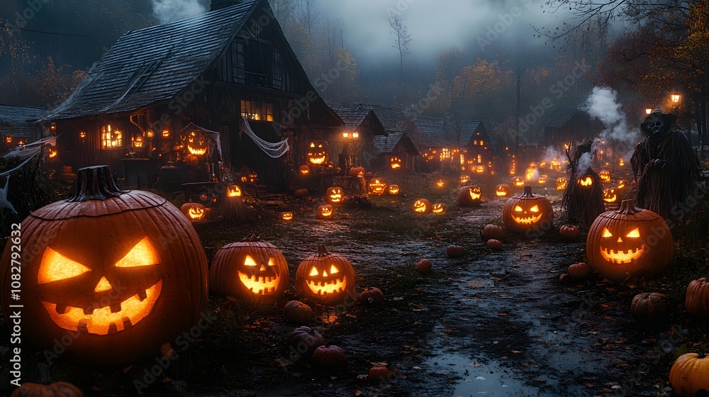 Enchanting Rustic Barnyard Decorated with Glowing Jack-o'-Lanterns Set in a Mysterious Autumn Landscape Capturing the Spirit of Halloween Enchanting Rustic Barnyard Decorated with Glowing Jack-o'-Lanterns Set in a Mysterious Autumn Landscape Capturing the Spirit of Halloween