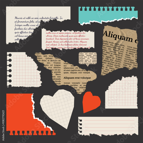 Set of torn paper. Notepad sheets, scraps of notebook page, torn letter and newspaper, cut out hearts. Vector design template in aged style.