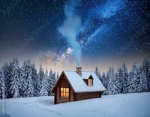 Verträumtes Winterhaus bei Nacht mit Sternenhimmel photo