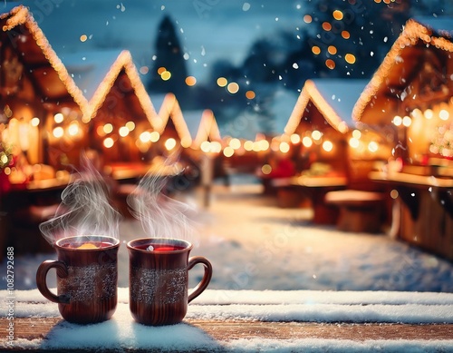 Glühwein und Holzbuden im weihnachtlichen Ambiente photo