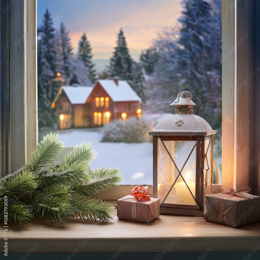 Dekorierte Fensterbank mit winterlicher Aussicht Dekorierte Fensterbank mit winterlicher Aussicht