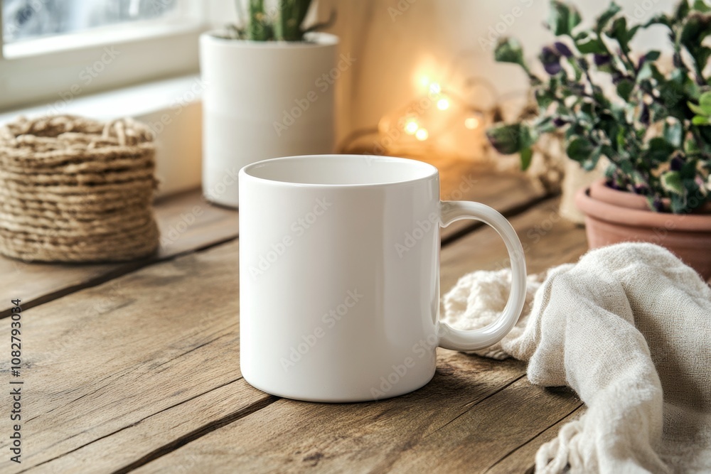 Cozy white mug on rustic wooden table with minimal holiday decor and soft lighting for a warm seasonal atmosphere Cozy white mug on rustic wooden table with minimal holiday decor and soft lighting for a warm seasonal atmosphere