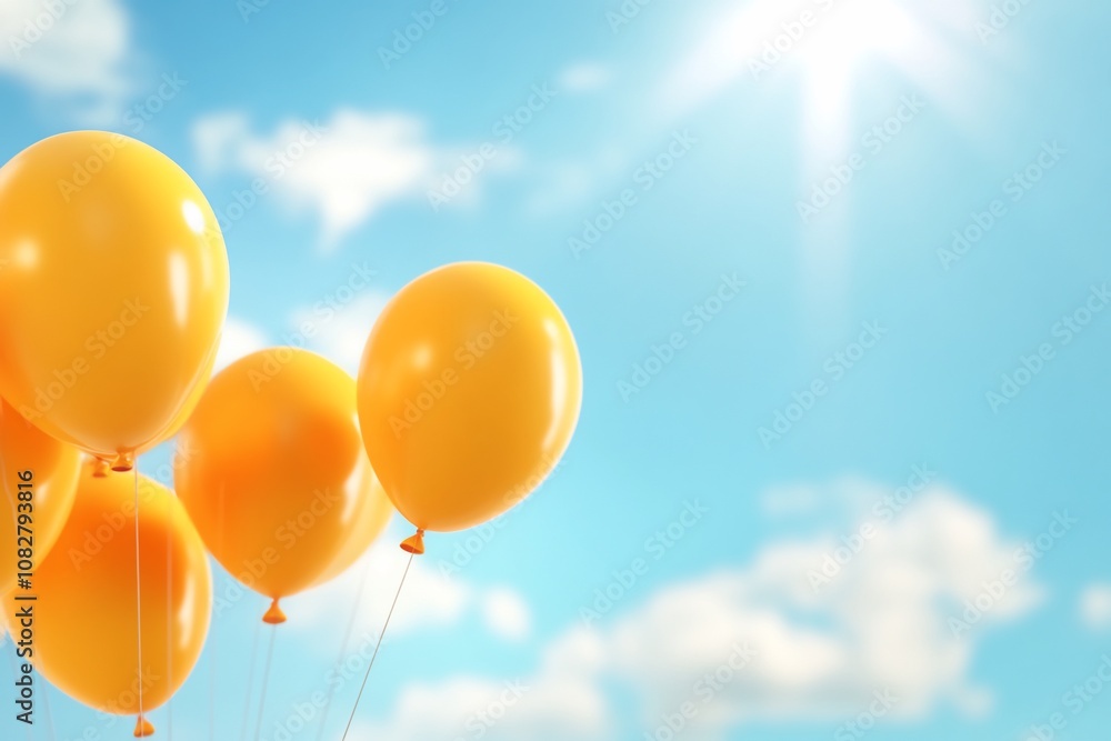 A bunch of yellow balloons against a bright blue sky. A bunch of yellow balloons against a bright blue sky.