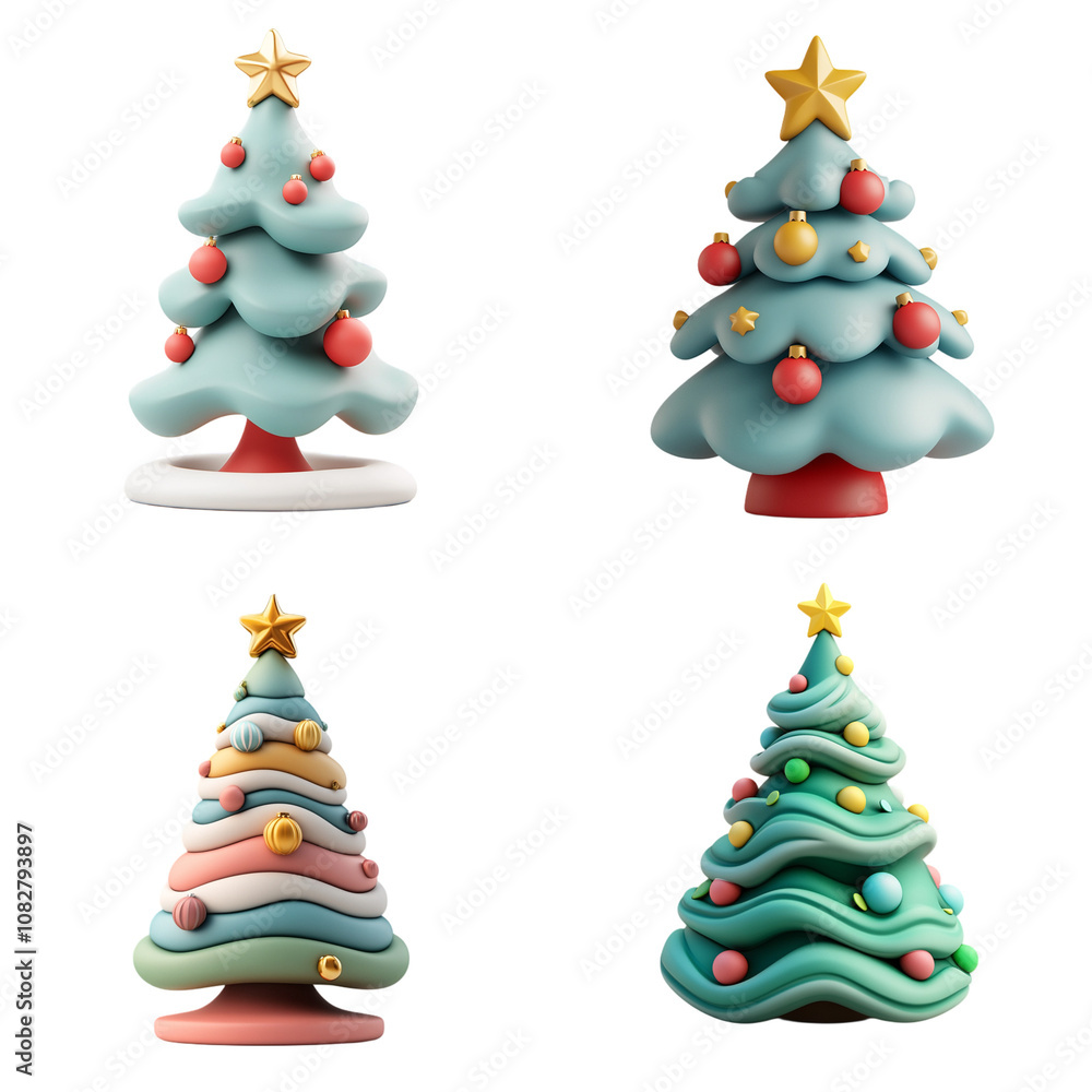 Set a 3D cartoon-style Christmas tree decorated with vibrant ornaments, crowned with a golden star.