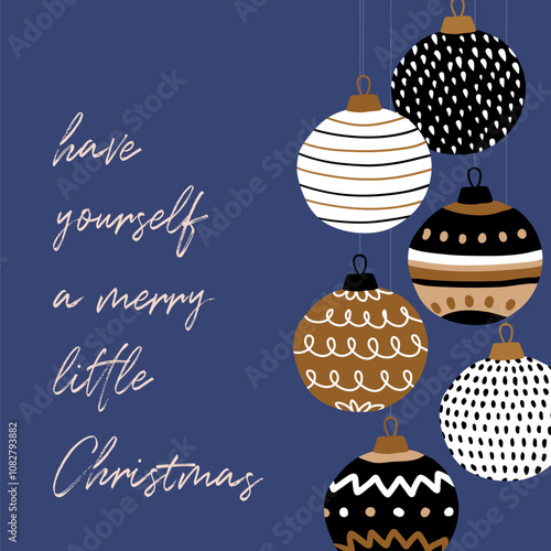 Merry Christmas. Funny Hand Drawn Christmas Wishes. Cute Vector Illustration of Funny Christmas Tree Balls on a Dark Blue Background. Infantile Drawing-like Xmas Greeting Card with Hanging Baubles.