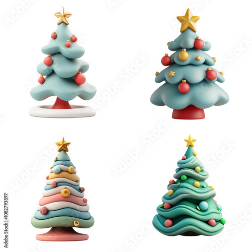 Obraz na płótnie Set a 3D cartoon-style Christmas tree decorated with vibrant ornaments, crowned with a golden star. w salonie