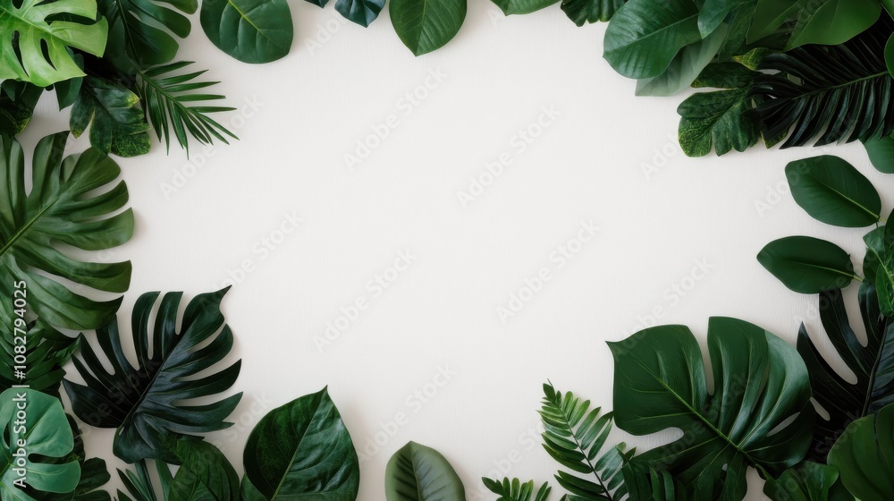 Fototapeta premium Tropical Green Foliage Frame on Neutral Background