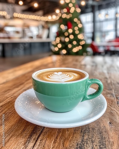 A cup of latte with a Christmas tree in the background. photo