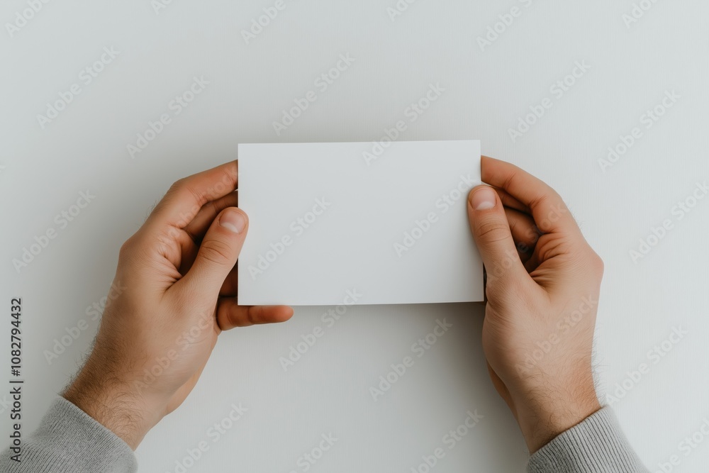 A person is holding a blank piece of paper. The paper is white and rectangular in shape. The person is holding the paper in their hands, and it is a blank card or a note A person is holding a blank piece of paper. The paper is white and rectangular in shape. The person is holding the paper in their hands, and it is a blank card or a note