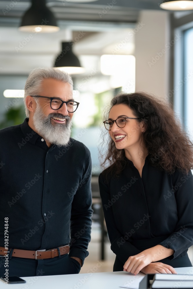 Fototapeta premium A man and a woman are smiling at each other in a room. The man is wearing glasses and the woman is wearing a black shirt