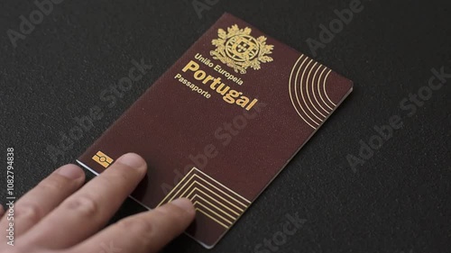 International passport of a citizen of Portugal on a dark concrete background, international travel
