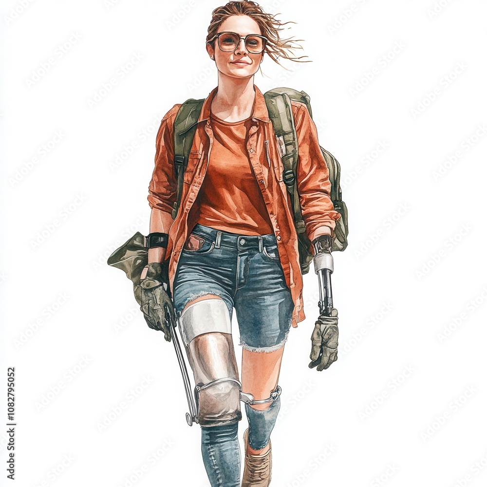 A determined woman with a prosthetic leg walks confidently in a rugged setting while wearing casual outdoor attire A determined woman with a prosthetic leg walks confidently in a rugged setting while wearing casual outdoor attire