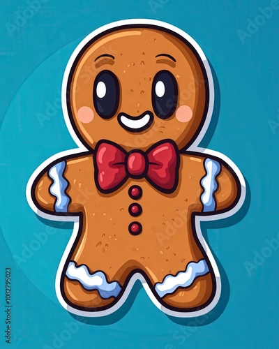 A cute gingerbread man with a red bow tie smiles on a blue background.