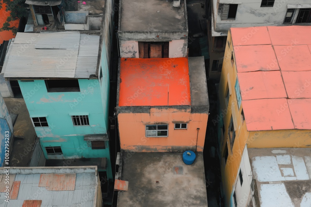 A row of colorful houses with a blue trash can in the middle. The houses are painted in different colors, and the blue trash can is placed in the middle of the row A row of colorful houses with a blue trash can in the middle. The houses are painted in different colors, and the blue trash can is placed in the middle of the row