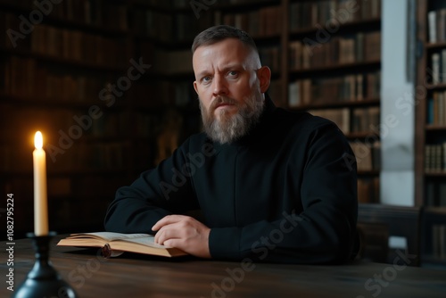 A man with a beard is sitting at a desk with a book in front of him. He is looking at the book and he is focused