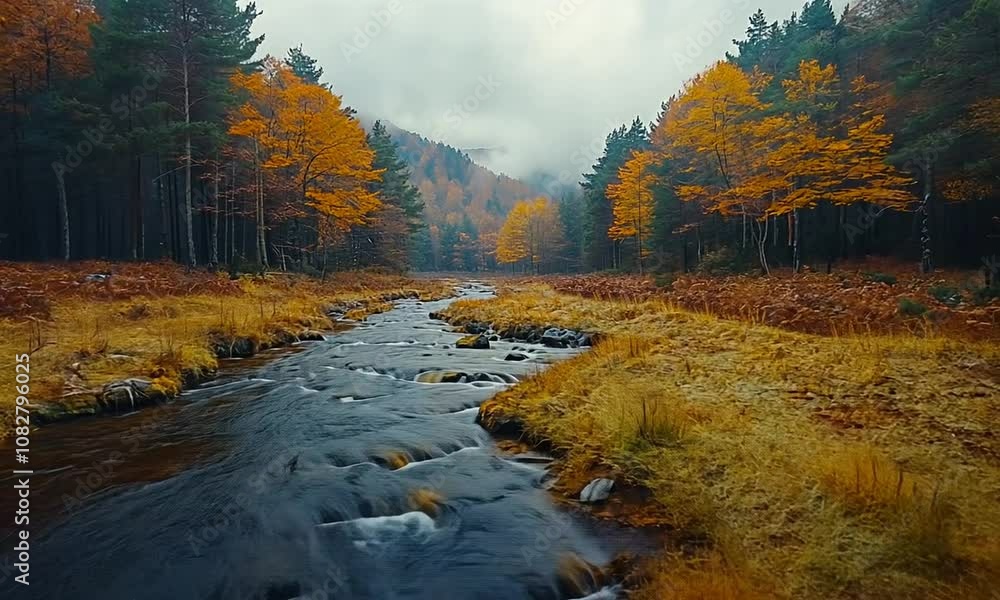 A serene autumn landscape with a flowing stream and colorful trees. A serene autumn landscape with a flowing stream and colorful trees.