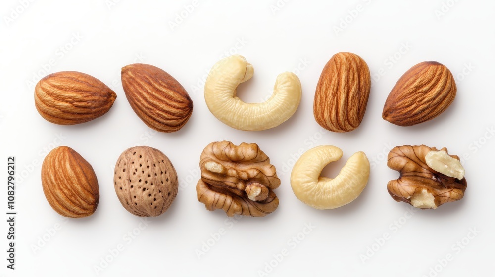 Scattered Selection of Various Nuts on White Surface Scattered Selection of Various Nuts on White Surface