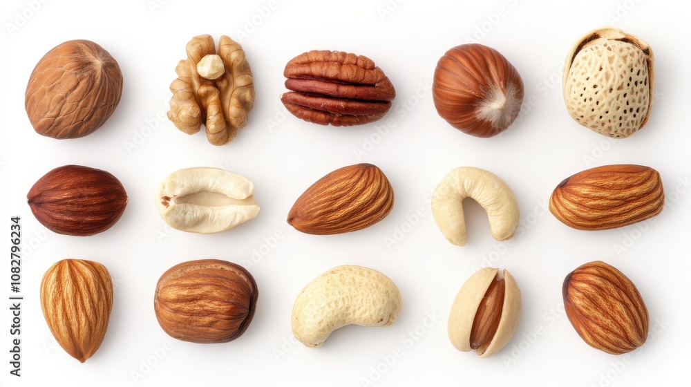 Assorted Nuts in Shells on White Background Assorted Nuts in Shells on White Background