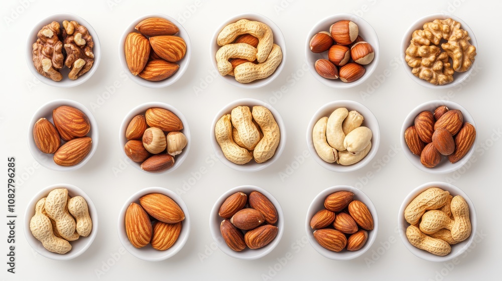 Assortment of Nuts in Bowls on White Background Assortment of Nuts in Bowls on White Background