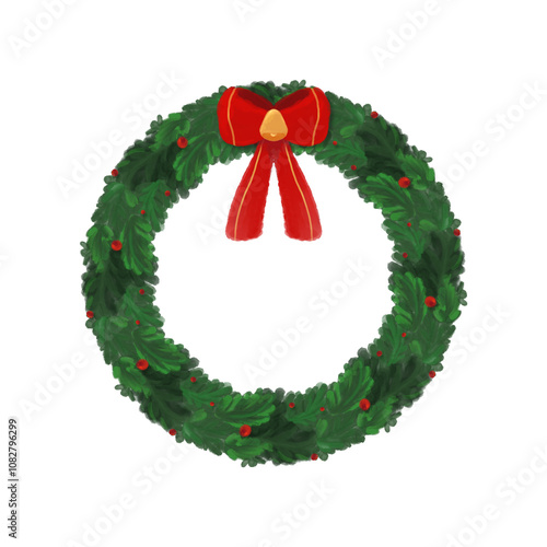 Hand drawn Christmas wreath red bow bell in watercolor style vol.02, PNG file no background 