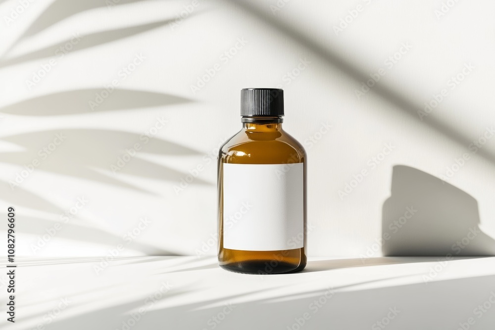 Minimalist composition of an empty bottle with a blank label on a white background featuring studio lighting and soft shadows Minimalist composition of an empty bottle with a blank label on a white background featuring studio lighting and soft shadows