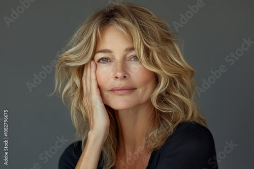 Closeup portrait of an attractive blond middle-aged mature woman looking at camera. Healthy face skin care beauty, middle age skincare cosmetics, cosmetology concept, anti-ageing care product. 