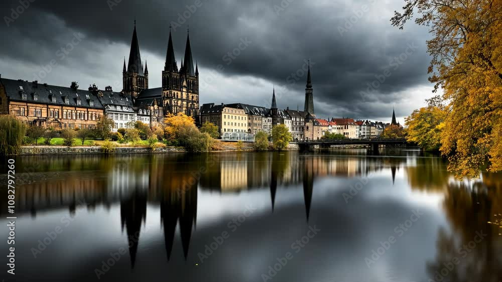 A picturesque cityscape with a river reflecting the buildings and sky under a stormy sky A picturesque cityscape with a river reflecting the buildings and sky under a stormy sky