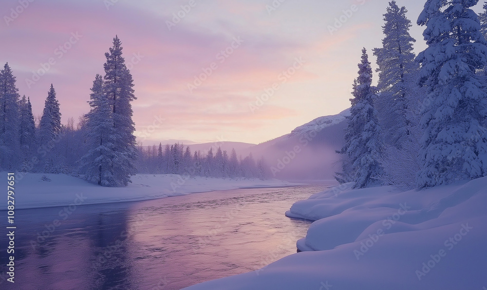 The serene beauty of winter, with snow-covered trees and an icy river in the foreground, bathed in soft pastel hues under the morning sun The serene beauty of winter, with snow-covered trees and an icy river in the foreground, bathed in soft pastel hues under the morning sun