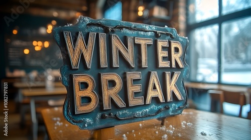 Winter Break sign - Classroom - School - class - holiday - vacation - education - desks - bookshelves - snow - cold 