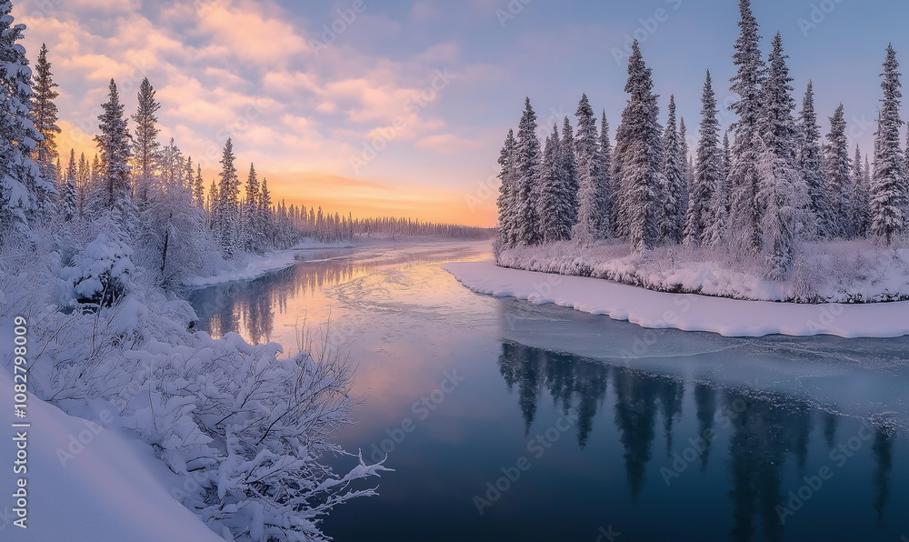Obraz premium The serene beauty of winter, with snow-covered trees and an icy river in the foreground, bathed in soft pastel hues under the morning sun