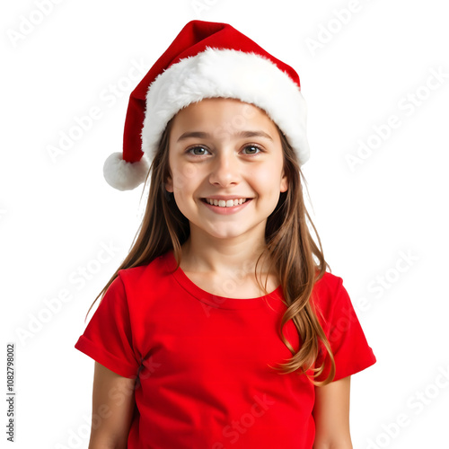  A smiling young kid girl in santa hat with red t shirt chrismas celebration transparent background 