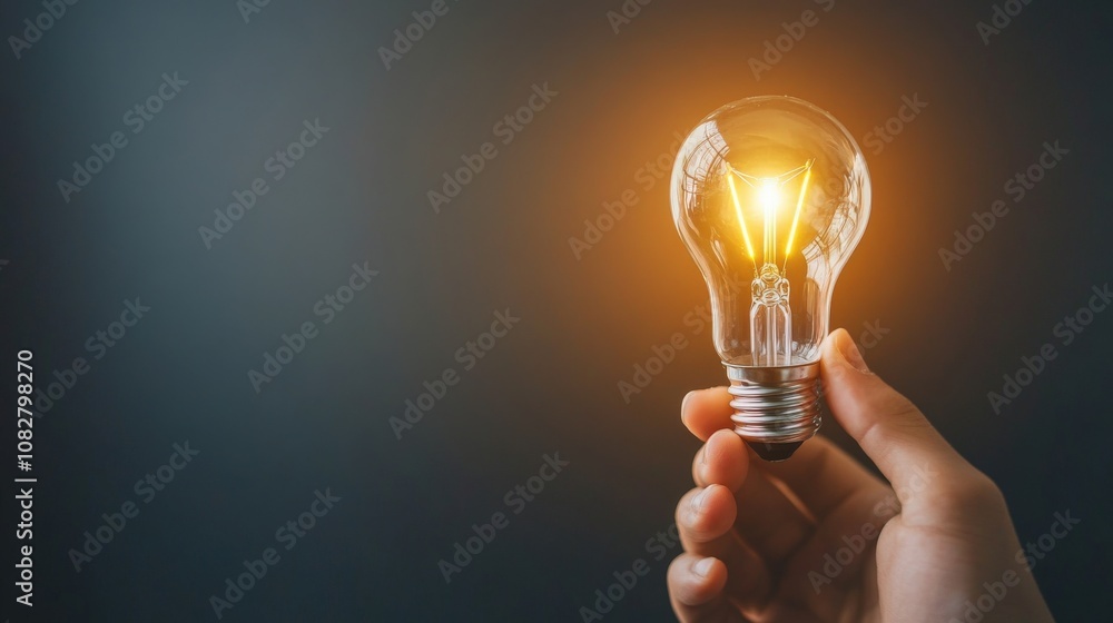 Hand Holding a Glowing Light Bulb Against a Dark Background, Symbolizing Ideas, Innovation, Creativity, and Inspiration in a Modern World