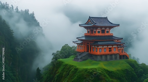 Majestic castle overlooking cliff surrounded by enigmatic foggy landscape picture photo