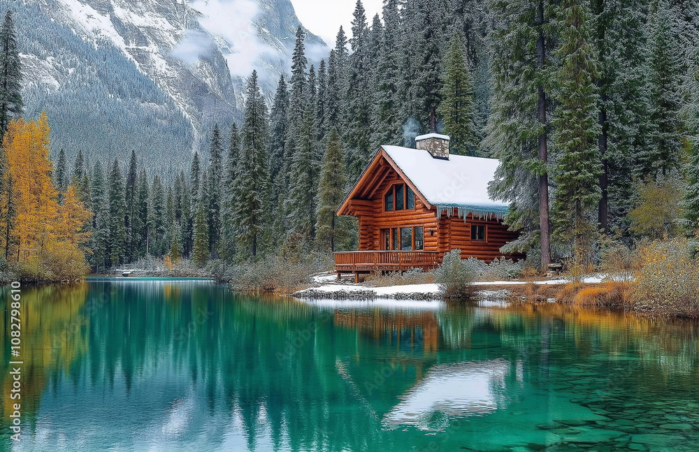 The snowy beauty natural landscape with snow-covered mountains and the emerald lake in winter. A small wooden cabin sits beside an icy river, reflecting its surroundings The snowy beauty natural landscape with snow-covered mountains and the emerald lake in winter. A small wooden cabin sits beside an icy river, reflecting its surroundings