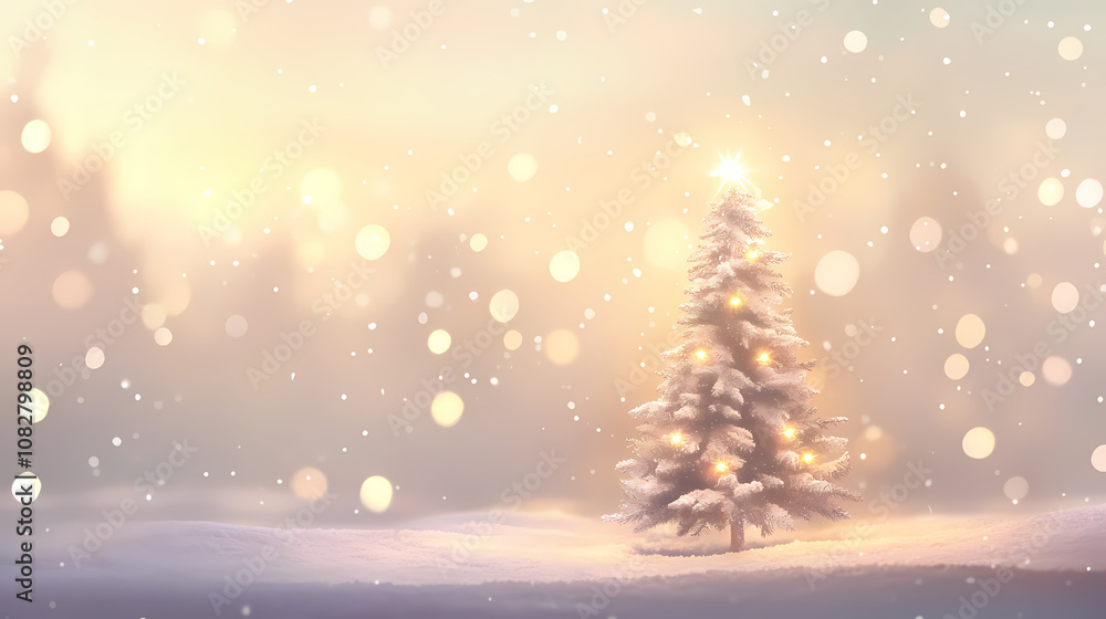 An ornamented christmas tree with bokeh lights on a snowy background. Ornamented. Illustration An ornamented christmas tree with bokeh lights on a snowy background. Ornamented. Illustration