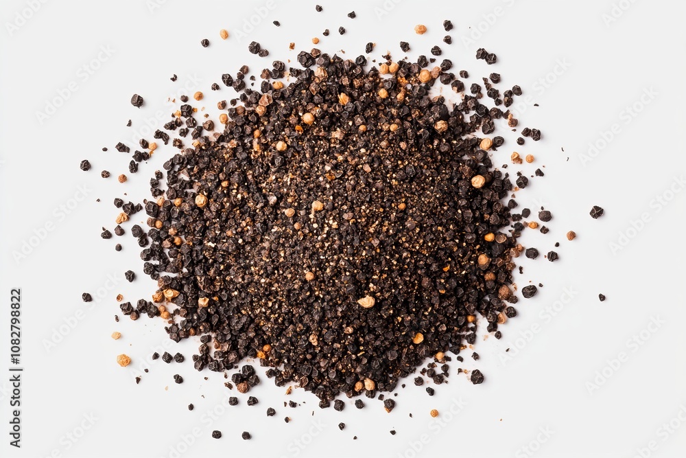 A close-up of a pile of black peppercorns, the rich texture and color of the ground spice against a light background. A close-up of a pile of black peppercorns, the rich texture and color of the ground spice against a light background.